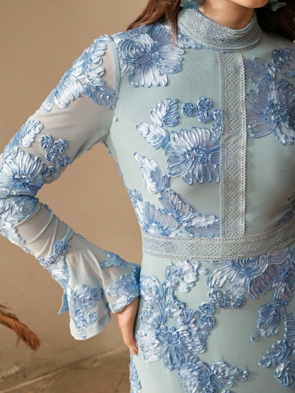 Blue Elegant Women's Flare Sleeve Floral Embroidered Mesh Slim Fit Maxi Dress - Picture 7 of 7